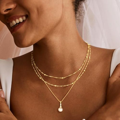 MFRYK Gold Necklaces for Women,14K Gold/Silver Plated Choker Layered Necklace Dainty Pearl Disc Cross Circle Heart Pendant Chain Stackable Necklaces, Multilayer Jewelry Set Gifts for Women - style: 3Layered Pearl-GD