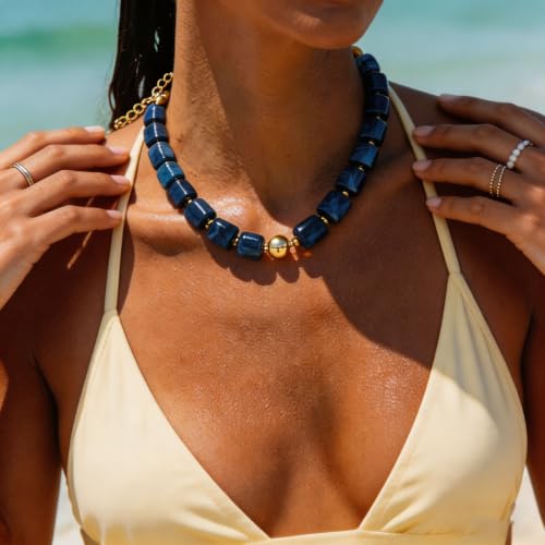 Colorful Statement Chunky Beaded Necklace for Women Trendy Y2K Boho Choker | Large Square Resin Beads Bold Summer Vacation Jewelry - color: Blue