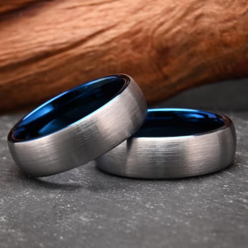 Tungsten Rings for Men Black Golden/Silver Blue Wedding Band | 7MM Mens and Women Engagement Wedding Rings Matte Brushed and High Polish Suitable for Couples' Anniversaries and Parties - color: 7mm silver and blue