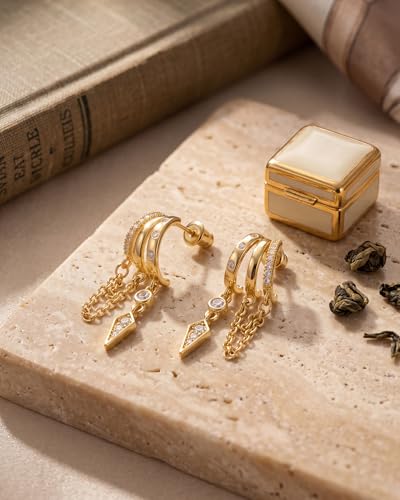 Gold Earrings for Women Trendy 14K Gold Plated Dangle Earrings Small Hoop Huggie Drop Stud Earrings Cubic Zirconia Simple Minimalist Dainty Chain Tassel Hypoallergenic Earrings - color: Chain & Gold