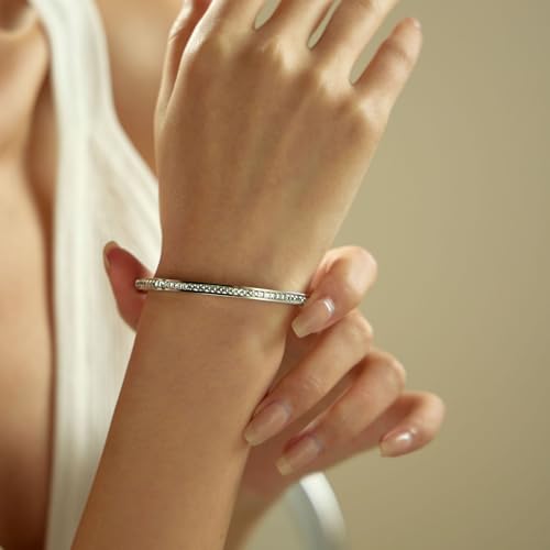 Gold Bracelets for Women, 18K Gold Plated Cubic Zirconia Bangle Bracelets Stainless Steel Eternity Crystal Oval Bracelet Cuff Bracelets for Women Jewelry - color: Half CZ Bangle-White Gold