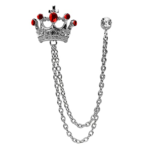 Crystal Crown Hanging Chain Brooch Suit Pin,Vintage Gold Crown Brooch,Suit Stud,Shirt Studs,Lapel Pin Accessories for Men Women - color: Silver Red