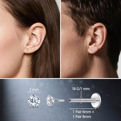 Limerencia Moissanite Internal Thread 18G Titanium Earrings, Hypoallergenic F136 Titanium Flat Back Piercing Studs, VVS1 Lab-created Moissanite Studs for Women Men Tragus Helix Cartilage Conch Labret - color: Silver, size: 3mm-0.2ct(0.1ct Each)