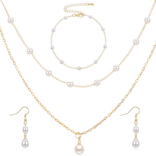 Yuanchu Gold Jewelry Set, Gold Copper Plated Pearl Necklace and Earring Set, Dainty Layered Choker, Adjustable Bracelet, Wedding Jewelry Sets for Brides