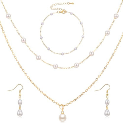 Yuanchu Gold Jewelry Set, Gold Copper Plated Pearl Necklace and Earring Set, Dainty Layered Choker, Adjustable Bracelet, Wedding Jewelry Sets for Brides