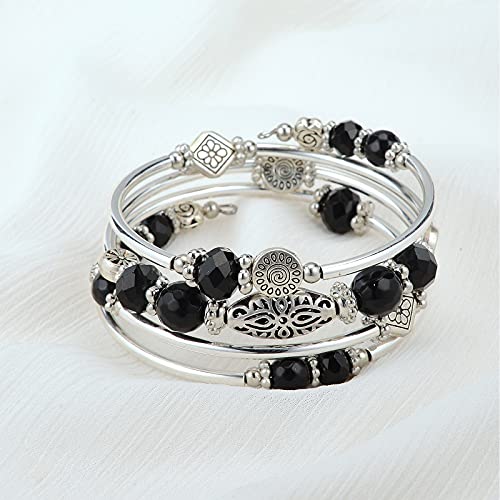 FULU AUTUMN Stackable Beaded Bracelets for Women Boho Wrap Silver Bracelet Layered Fashion Jewelry Gifts for Her - color: Black