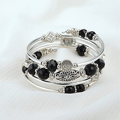 FULU AUTUMN Stackable Beaded Bracelets for Women Boho Wrap Silver Bracelet Layered Fashion Jewelry Gifts for Her - color: Black