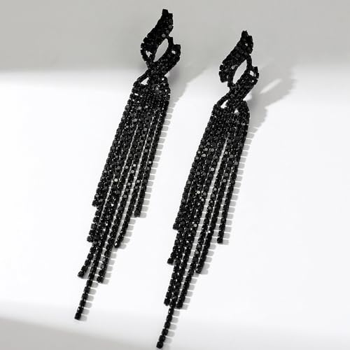 Long Rhinestone Tassel Statement Earrings for Women Bohemia Crystal Flower Leaf Dangle Earrings Minimalist Exaggerated Zircon Earrings Prom Jewelry (Black)