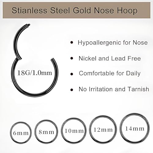 10Pcs Gold Nose Ring Hoop 18G/20G Clicker Nose Hoops Hypoallergenic Stainless Steel Nose Piercings Jewelry Gold Nose Jewelry Septum Helix Cartilage Lip Body Piercings for Women Men 7mm 8mm 9mm 10mm 12mm - color: Black-18G