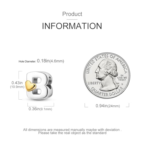 925 Sterling Silver Letter Charms A-Z for Bracelet Necklace Alphabet Bead | Heart letter A B C D G J charm initial gold Pendant beads Jewelry Gift for Women - color: Letter B