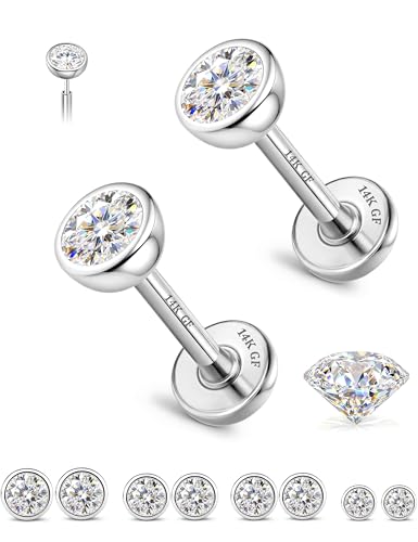 8 Pcs Moissanite Nose Studs Flat Back Earrings 16G/18G/20G | 14K Gold Plated Hypoallergenic Nose Studs, Moissanite Nose Rings for Women Men, Lip, Helix, Conch Piercing Jewelry, Flat Back - color: Silver| 18G(1.0MM)-Bar-6/8MM&Moissanite-2/3/4MM