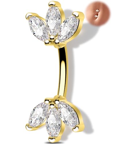 Melighting 14G Gold Lotus Belly Button Ring, Double CZ Navel Ring 316L Surgical Stainless Steel Marquise 5A CZ Steel Belly Bar 8 mm/10 mm - color: Gold, size: 14g8mm
