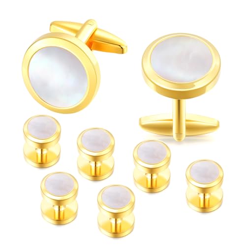 Mens Cufflinks and Tuxedo Shirt Studs Set with Gift Box - color: Gold/Fritillaria