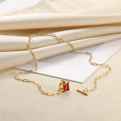 Diamond Necklaces for Women Natural Stone Paperclip Toggle Necklace 14K Gold Plated Emerald Birthstone Necklace for Women Paper Clip Chain Blue Green Cubic Zirconia Pendant Birthday Gifts for Women Mother Jewelry - color: 10. October(Tourmaline)