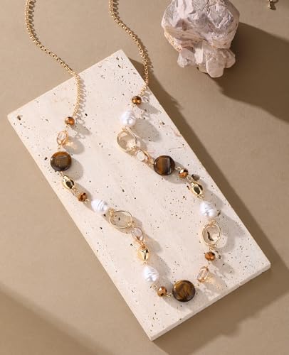 Long Gold Necklaces for Women Trendy Beaded Chain Necklace Chunky Costume Jewelry Gifts for Her - color: Tiger's Eye
