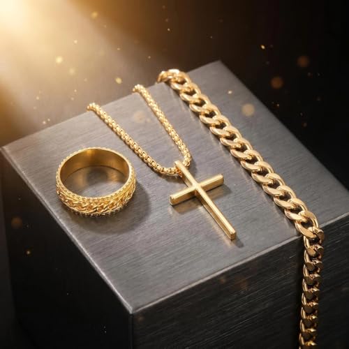 3-Piece Cross Pendant Necklaces Bracelets Rings Jewelry Sets for Men Women,Cuban Chain Bangle,Adjustable Box Link,Religious Charm,Fashion Jewelry Accessories for Party Birthday Gifts - color: Gold