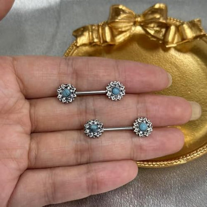 Kokoma Vintage Flower Nipple Rings for Women Turquoise Crystal CZ 14G Stainless Steel Nipplerings Barbell Nipple Piercing Nipple Shield Rings Body Piercing Jewelry