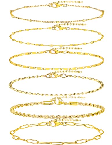 6PCS Ankle Bracelets for Women18K Gold Plated Stainless Steel Waterproof Layered Herringbone Figaro Bead Paperclip Rope Tennis Box Cuban Link Rolo Satellite Chain Anklets Set Gold Tone - style: B:Bead,Rope