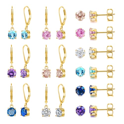 Multicolor Crystal Dangle Studs Earrings Set for Women 925 Silver Hypoallergenic Dangle Earrings Leverback Drop Earring Fashion Cubic Zirconia Leverback Stud Earring Sets Trendy Cubic Zirconia Jewelry Gifts for Women - style: 12-G