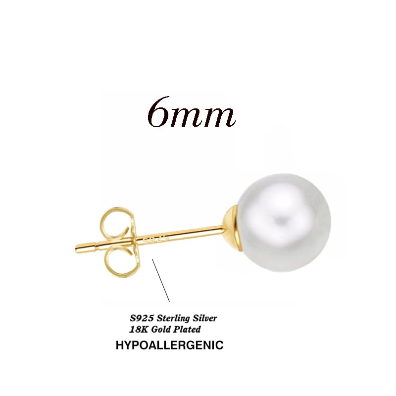 18K Gold Plated 925 Sterling Silver Shell Pearl Stud Earrings,Hypoallergenic to Sensitive Ears - style: A_L - 6mm - Gold