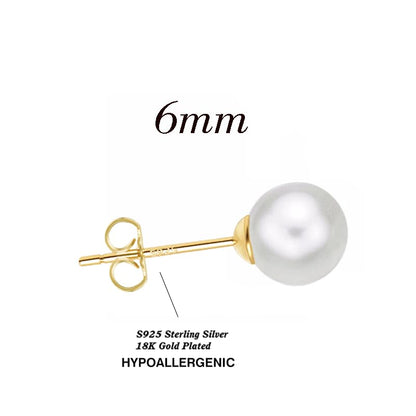 18K Gold Plated 925 Sterling Silver Shell Pearl Stud Earrings,Hypoallergenic to Sensitive Ears - style: A_L - 6mm - Gold