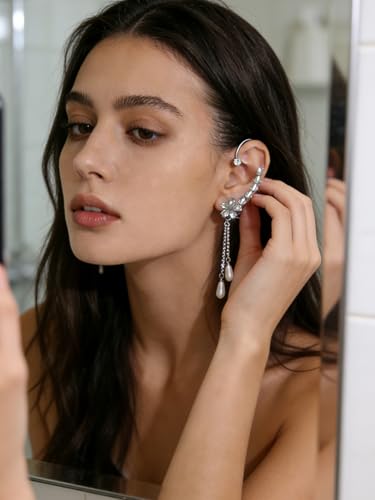 2PCS Flower Tassel Zircon Earrings Ear Cuffs No Piercing Flower Climber Wrap Around Earrings Pearl Drop Earrings for Women Fairy Ear Clip Dainty Wedding Earrings for Brides - color: Style 4 - Silver