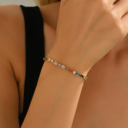 18K Gold Plated Multi-Color Classic Tennis Bracelet for Women Dainty Color 3mm Rainbow Cubic Zirconia Bracelet Adjustable CZ Gold Bracelets Trendy Summer Jewelry Gift - style: Multi Color-Gold
