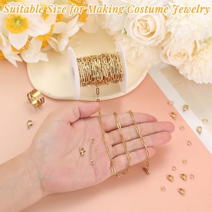 23 Ft Gold Chain for Jewelry Making, 18K Gold Plated Stainless Steel Oval Paperclip Chain Roll with 10 Lobster Clasps 30 Jump Rings 1 Opening Closing Tool for DIY Charm Necklaces Bracelets Women Men