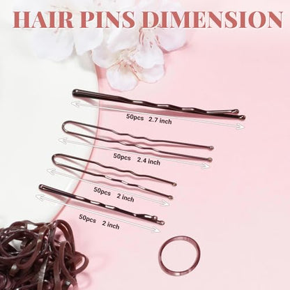 IKOCO 415pcs Bobby Pins Set, U Pins with Hair Ties and Hair Net, Brown | Strong Hold, Snag-Free, No Damage, Smooth Edges, Dance Competition & Ballet Ready, Ideal for Updos, Bun & Daily Styling - color: Brown