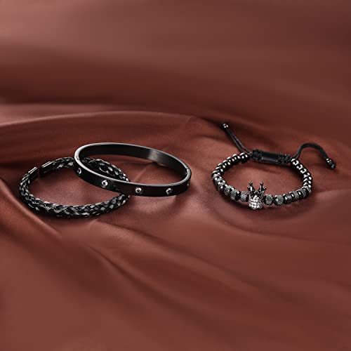 WFYOU 3PCS Stainless Steel Imperial Crown Bracelets for Men Gold Roman Numeral Bangle Bracelet Adjustable Cuff Bracelet Mens Luxury Jewelry Gifts - style: 01:Black-Cubic Zirconia