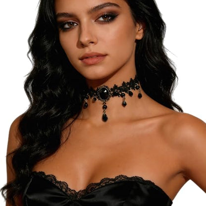 Black Choker for Women, Adjustable Layered Velvet Leather Lace Collar necklace, Goth necklace Gifts - color: Black Crystal