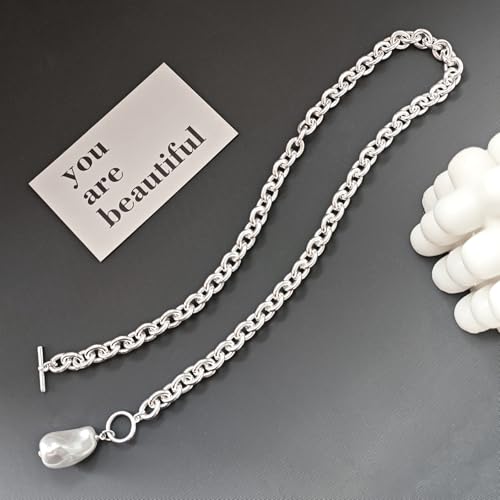 Zeffy 14K Gold/Silver Plated Chunky Thick Chain Toggle Clasp Necklace Dainty Baroque Pearl/Heart/Cross/Turquoise Pendant Necklace - color: Silver Baroque Pearl Necklace