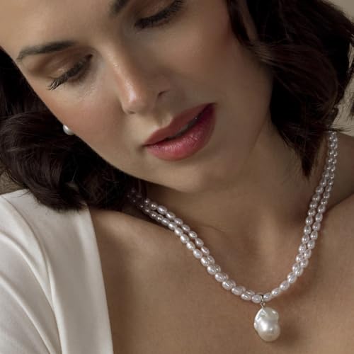 The Pearl Source White Freshwater Pearl Double Strand Oval Necklace for Women, Premium AAA Pearl Quality 4.5-5.0mm Sterling Silver