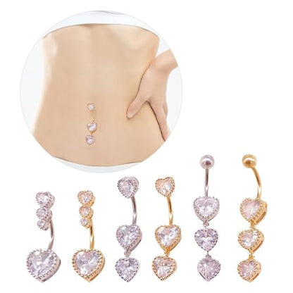 3Pcs 14G Stainless Steel Dangle Belly Button Rings Cubic Zirconia Heart Star Round Belly Navel Barbell Rings Belly Piercing Jewelry for Women - style: Gold Heart