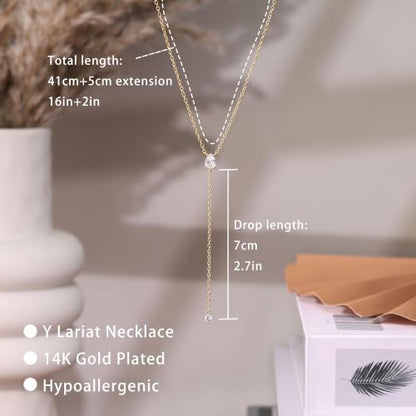 Gold Necklace for Women, Dainty Long Necklace 14k Gold Plated Lariat Long Necklaces for Women Trendy Simple Statement Drop Necklace Fashion Body Chain Prom Jewelry Gold Accessories - color: 22-Gold