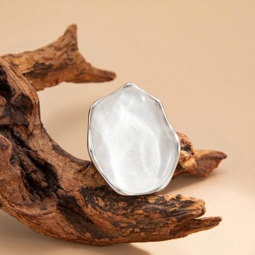 Large Silver Water Rippled Resin Knuckle Ring for Women, Adjustable Geometric Irregular Metal Ring Minimalist Statement Jewelry Cocktail Party Gifts - color: White