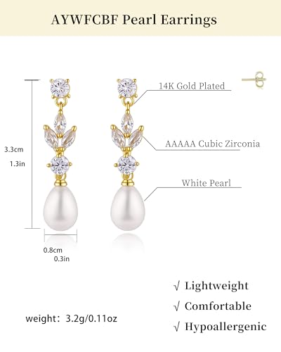 Pearl Earrings for Women, 14k Gold Plated Trendy Diamond Pearl Drop Earrings Bridal Shower Gifts Wedding jewelry for Women - color: Style D Gold