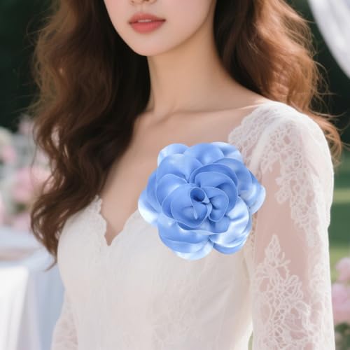 Large Rose Flower Brooches Chiffon Camellia Brooch Lapel Pins Hair Clips Hat Pins for Women Wedding Banquet Accessories Large Satin Flowers 5.5in - color: Blue 1
