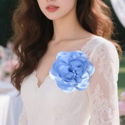 Large Rose Flower Brooches Chiffon Camellia Brooch Lapel Pins Hair Clips Hat Pins for Women Wedding Banquet Accessories Large Satin Flowers 5.5in - color: Blue 1