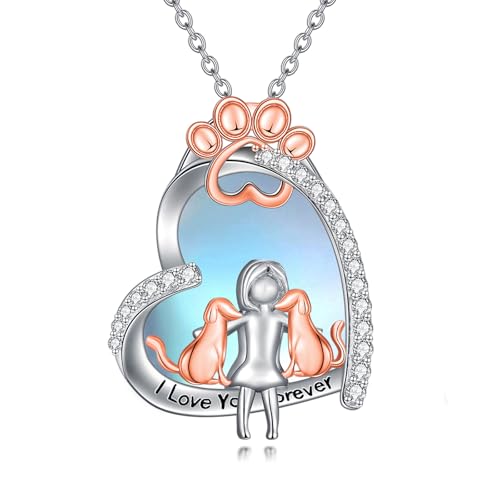 925 Sterling Silver Animal Necklace Heart Shape Dog/Rabbit/Cat Pendant Necklace for Women Animal Memorial Charm Jewelry Mother's Day Christmas Gifts - color: Dog and Women-Moonstone