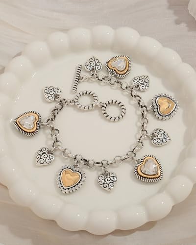 Two Tone Heart Charm Bracelet for Women, Adjustable Cute Bracelets with Heart/Clover Charms, Trendy Love Bracelet for Daily Wear Mixed Metal Jewelry Valentines Day Gift - style: Heart
