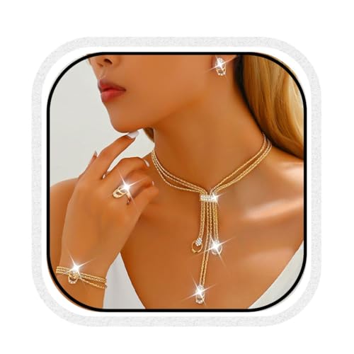 CLOACE Gold Long Choker Necklace Set Punk Cuban Y-Necklaces and Bracelet Fashion Chain Jewelry Accessories for Women - color: G-4