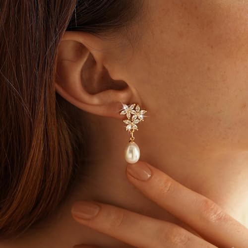 Pearl Earrings for Women:Gold Wedding Dangle Drop Earring Pearl Jewelry | 14K Gold Plated Pearl Drop Earrings for Women,Dainty Wedding Bride Earring Studs,Gold Dangle Drop Earring,Waterproof Jewelry - size: 1 pcs-9