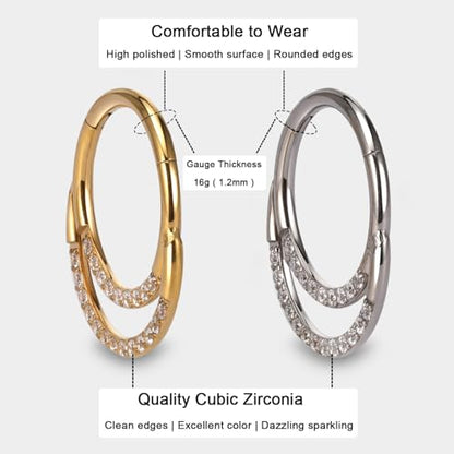 Titanium 16G Septum Ring Piercing Jewelry Nose Rings Hinged Clicker Hoop | G23 Titanium Silver Gold Hinged Segment Daith Piercing Jewelry Non-irritating , Clicker Septum Nose Piercing Jewelry Hoops - color: 09 Circle CZ-Gold, size: 16G-8mm