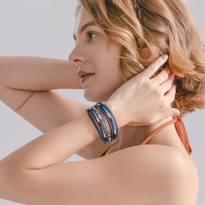 Boho Layered Leather Wrap Bracelets Chunky Western Country Hippie Jewelry | Stackable Bohemian Cowgirl Magnetic Clasp Cuff Bangle Set Fashion Stack Statement Festival Trendy Jewelry Gifts for Women - color: Navy Blue