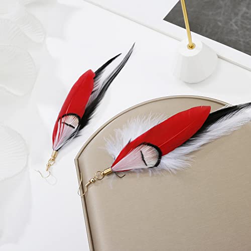 Long Bohemian Pheasant Feathers Statement Earrings Handmade Natural Lightweight Feather Dangle Earrings for Women (ea000067) - color: Red&Black