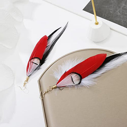 Long Bohemian Pheasant Feathers Statement Earrings Handmade Natural Lightweight Feather Dangle Earrings for Women (ea000067) - color: Red&Black