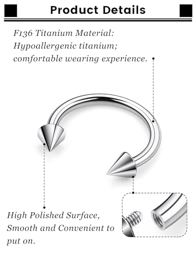F136 Titanium 20/18/16/14/12/8/4/2g Septum Nose Rings Gauge Earrings Lip Rings Prince Albert Jewelry Internally Threaded Horseshoe Hoop Piercings - size: 14g*14mm