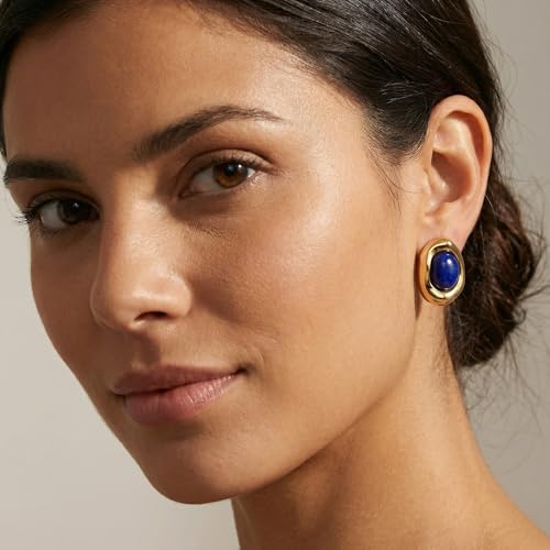 Jean Beau Chunky Gold Stone Stud Earrings for Women, Trendy Natural Gemstone Hypoallergenic Earing Valentine Jewelry Gift - color: Sapphire Blue