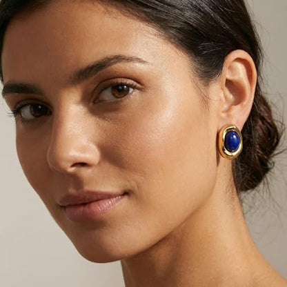 Jean Beau Chunky Gold Stone Stud Earrings for Women, Trendy Natural Gemstone Hypoallergenic Earing Valentine Jewelry Gift - color: Sapphire Blue